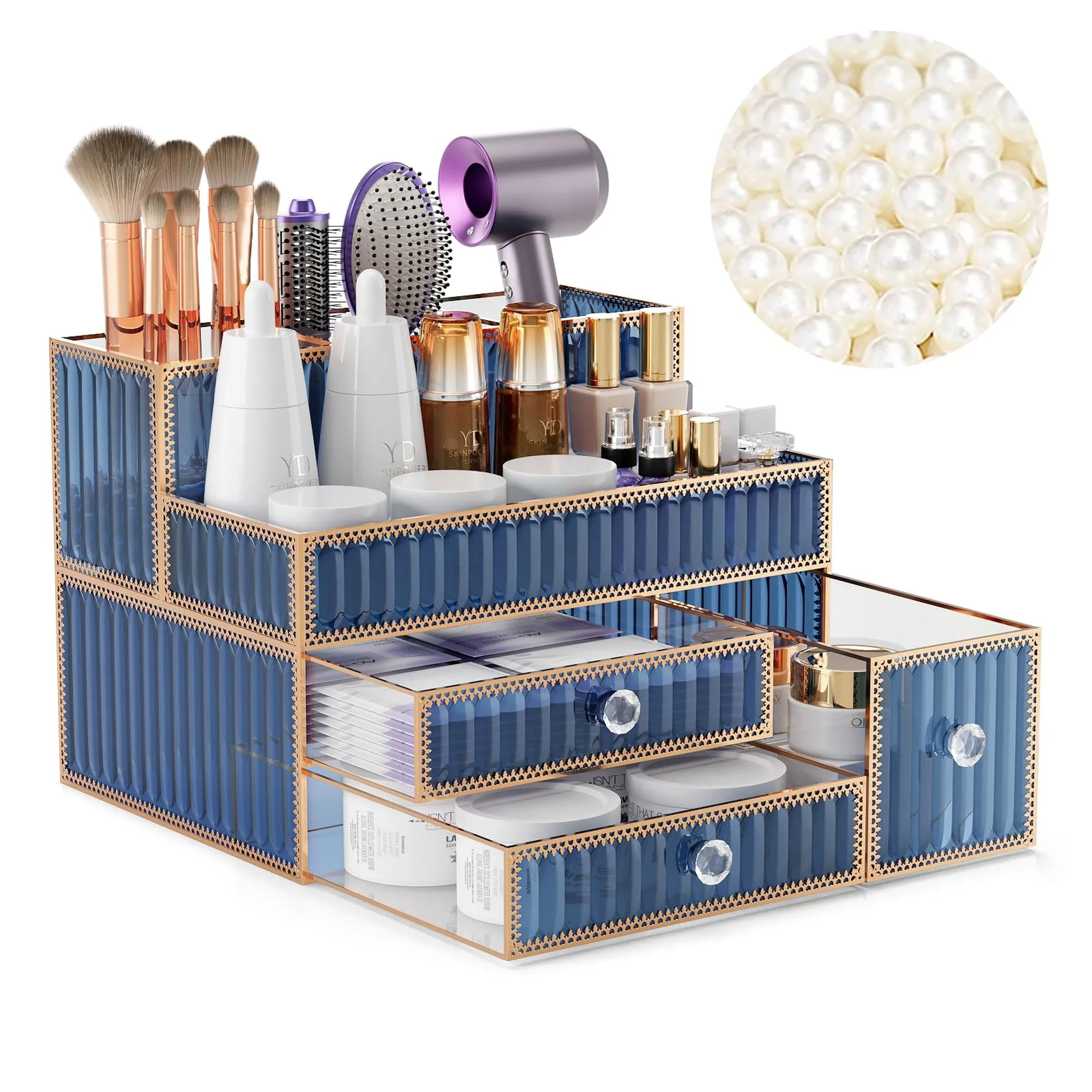 Tempered Glass Countertop Makeup Organizer, Multi-use Vanity Storage Caddy for Skincare, Cosmetics, Hair Tools, Brushes & Perfume in Bathrooms