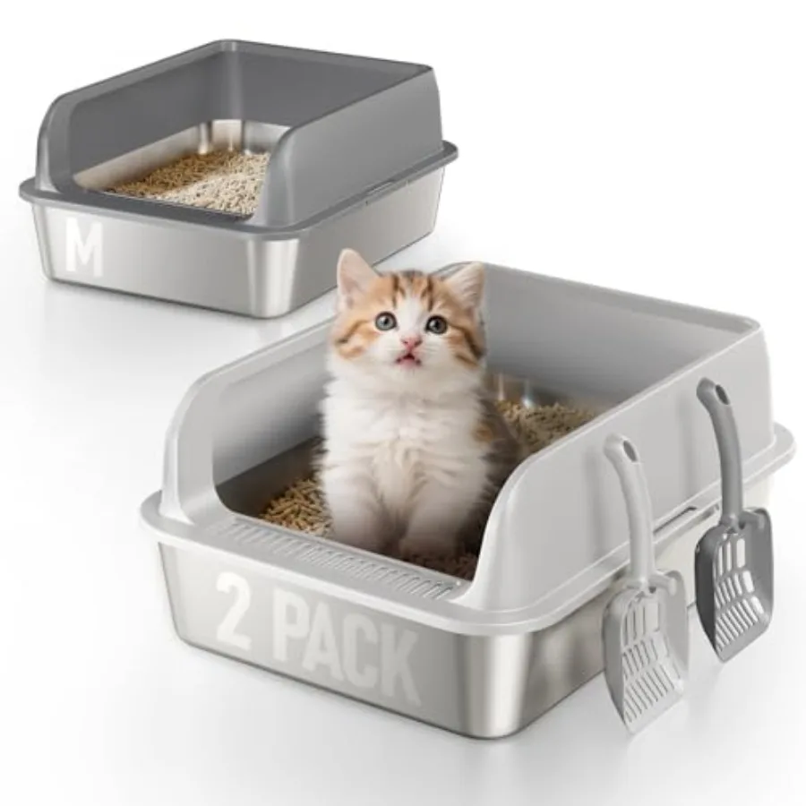 

2 Pack Stainless Steel Cat Litter Box for Kitty with Lid High Sides Metal Litter Pan for Kittens and Small Adult Cats Odor Cont