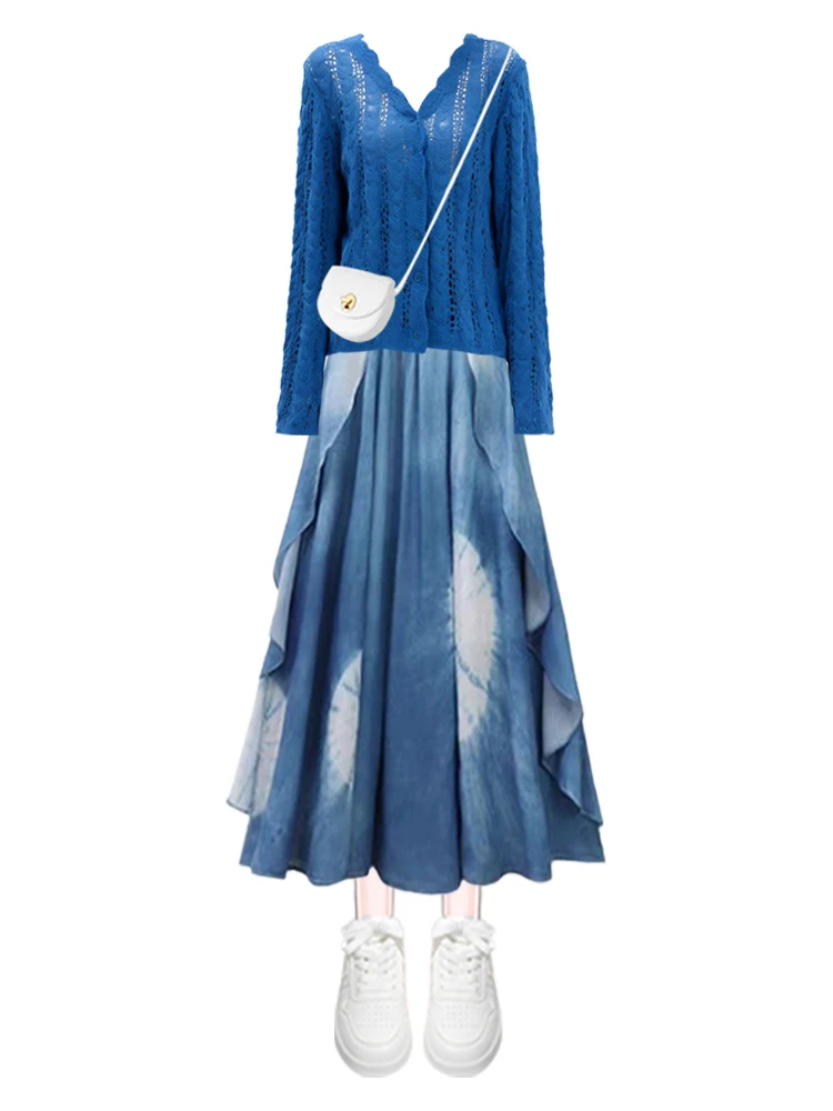 

Осенний вязаный комплект Faion Long Sve с окрашенным adient и кружевной отделкой, повседневный женский комплект на пуговицах с V-образным вырезом