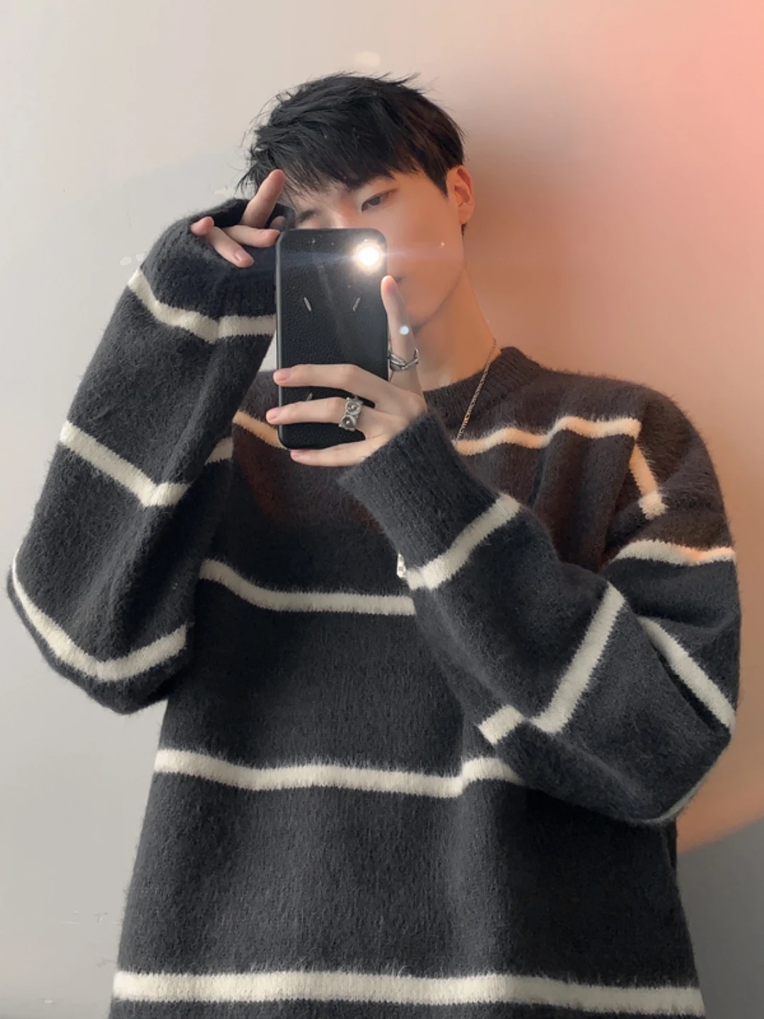 

Мужской свитер оверсайз, повседневный, свободный, вязаный, с белыми полосками, осенне-зимнее пальто