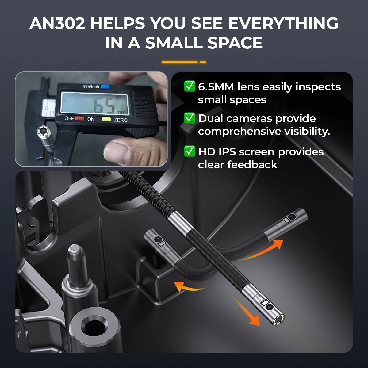 ANCEL AN302 2-Way Articulating Borescope Camera 7 LED Light Industrial Endoscope Inspection Camera 6.5MM Front and Side Camera image 6