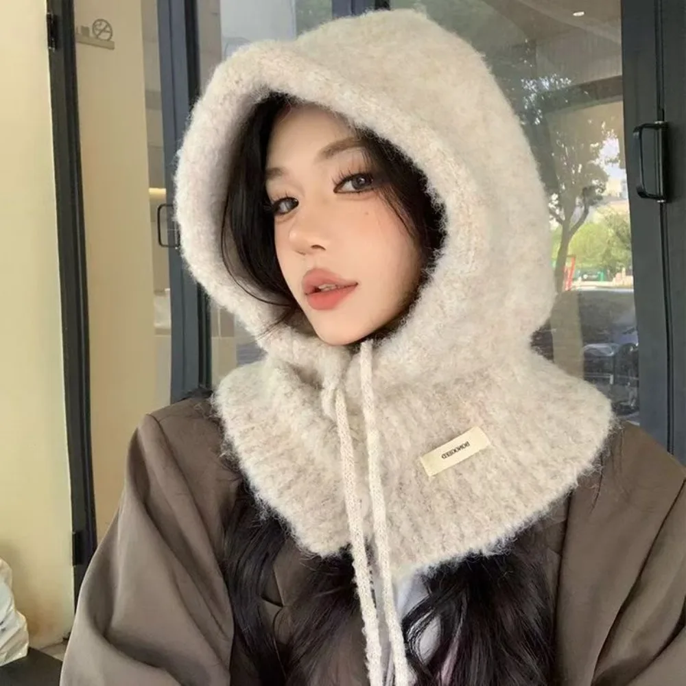Korean Style Thicken Knitted Balaclava Warm Drawstring Hooded Scarf Cap Soft Windproof Coldproof Neckerchief Hat Women Girl