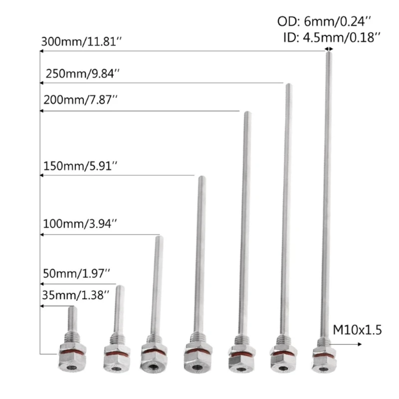 Fios aço inoxidável Thermowell M10X1.5 para sensores temperatura, instrumentos termômetro Thermowells 35-200mm