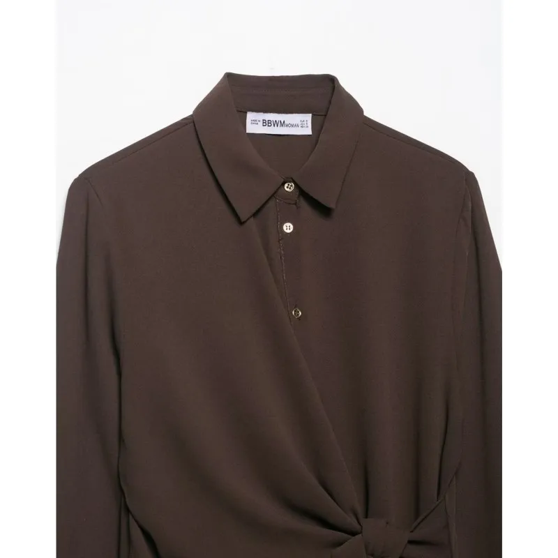 Dames crêpe shirt met knoop herfst eenvoudige lange mouwen pocket knop damesoverhemden vrouwelijke vintage shirts en blouses