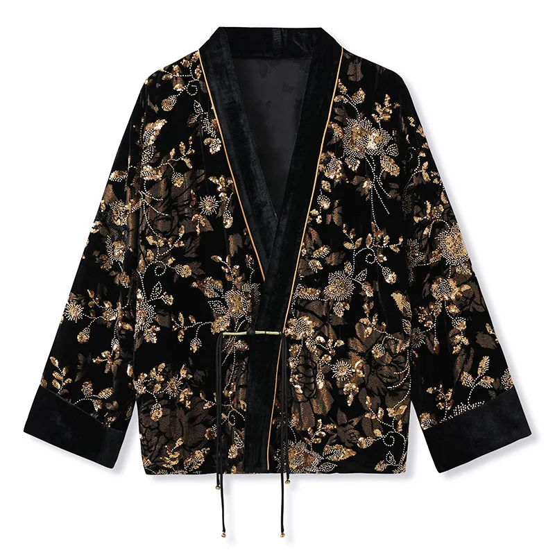 2024 Autumn New Burnt Flower Embroidered +Beading Chinese Style Silk + Velvet High Quality V-Neck Single Button Loose Coat S-L