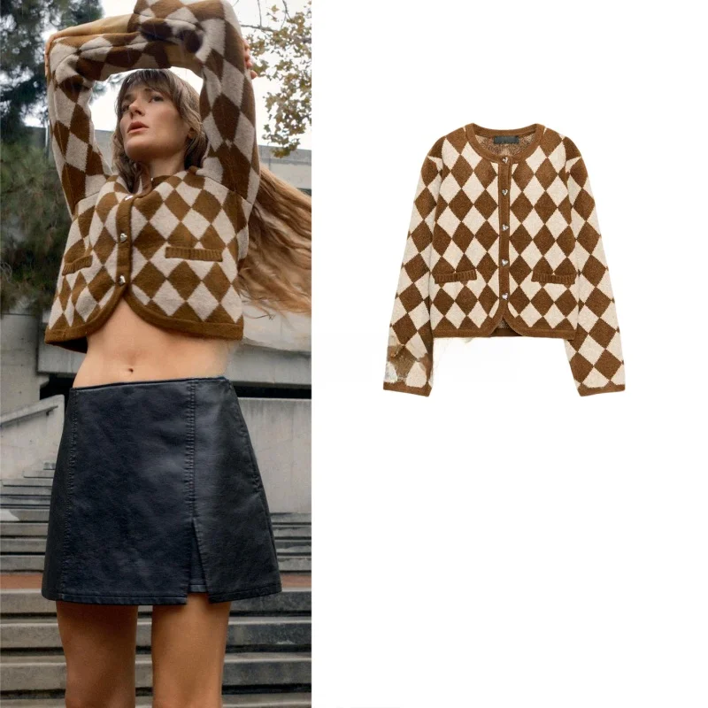 Autunno Inverno delle nuove donne rotonde Ne Long Sve bottone singolo modello diamante lavorato a maglia Jaet francese Sle Casual poliestere F...