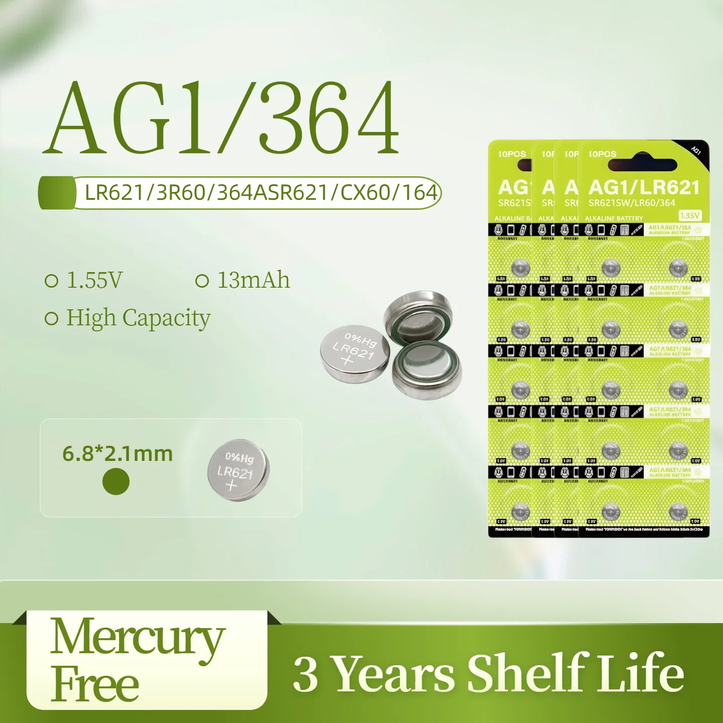 

Батарейка LR621 AG1 1.55V щелочная кнопочная, SR621SW 364 164 SR60 363 621 SR621 L621 CX60 тип «таблетка» для часов, пультов ДУ