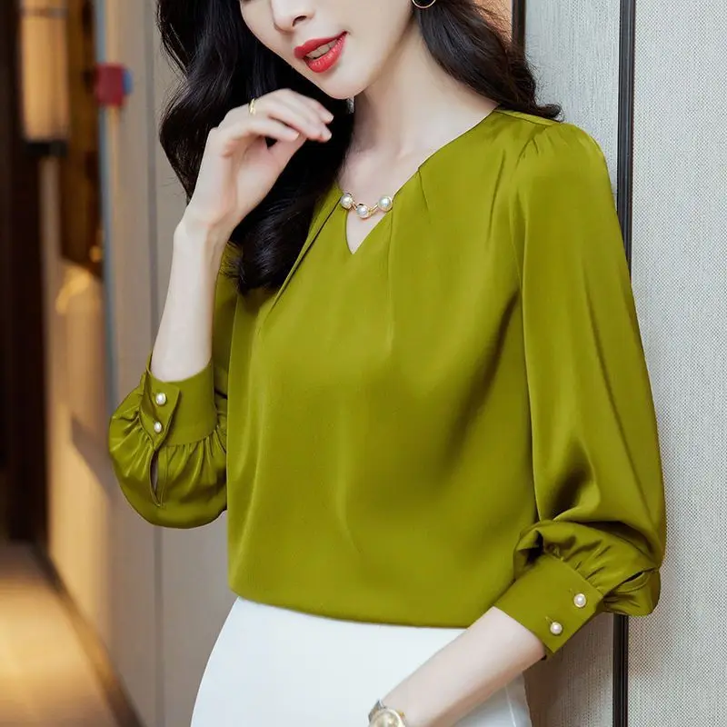 High Quality Elegant Fashion Beads Chic Office Lady Shirt Business Casual V Neck Long Sleeve Solid Loose Blouse Top Women Blusas