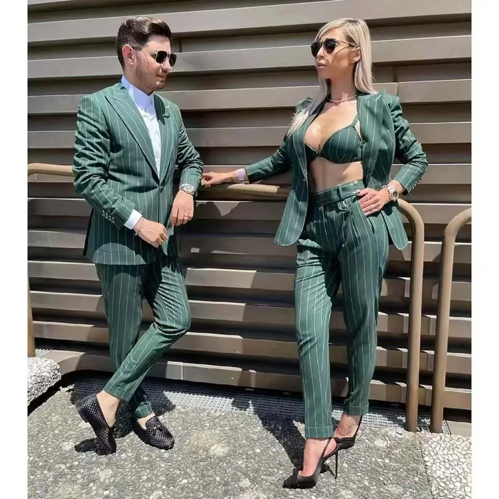 Fashion Stripe Couple Suits Blazer Elegant Single Breasted Peak Lapel Slim Fit 2 Piece Jacket Pants Outfits Prom Party Clothing