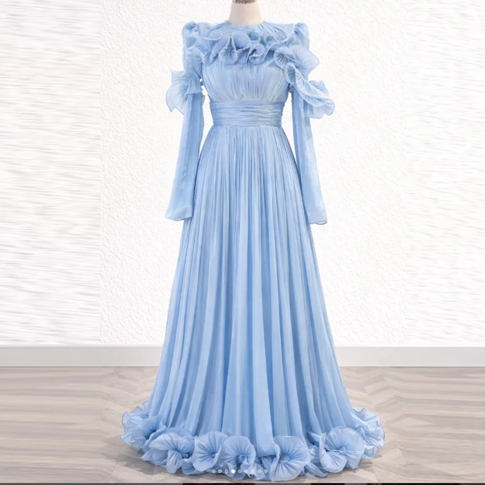 

Customized High Quality Chiffon Pleat Ruffle Evening Dress A-line Scoop Neck Long Bespoke Occasion Prom Dresses