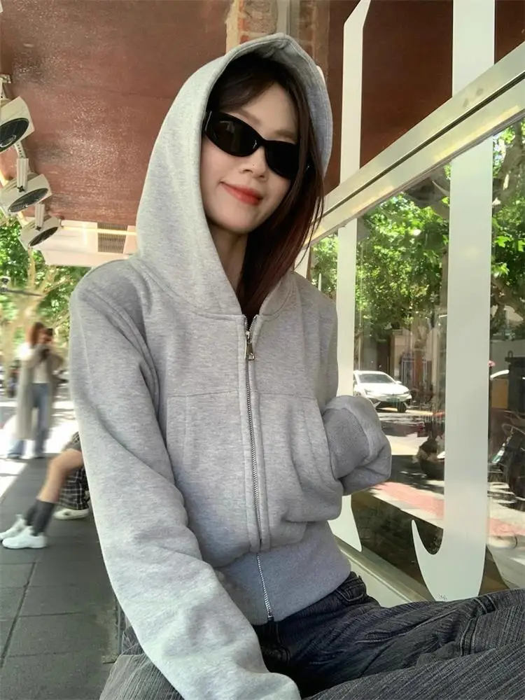 

American Style Hoodie Jacket Spring Autumn Women's Retro Grey Zipper Open Cardigan Short Sportswear Top Casual Streetwear
