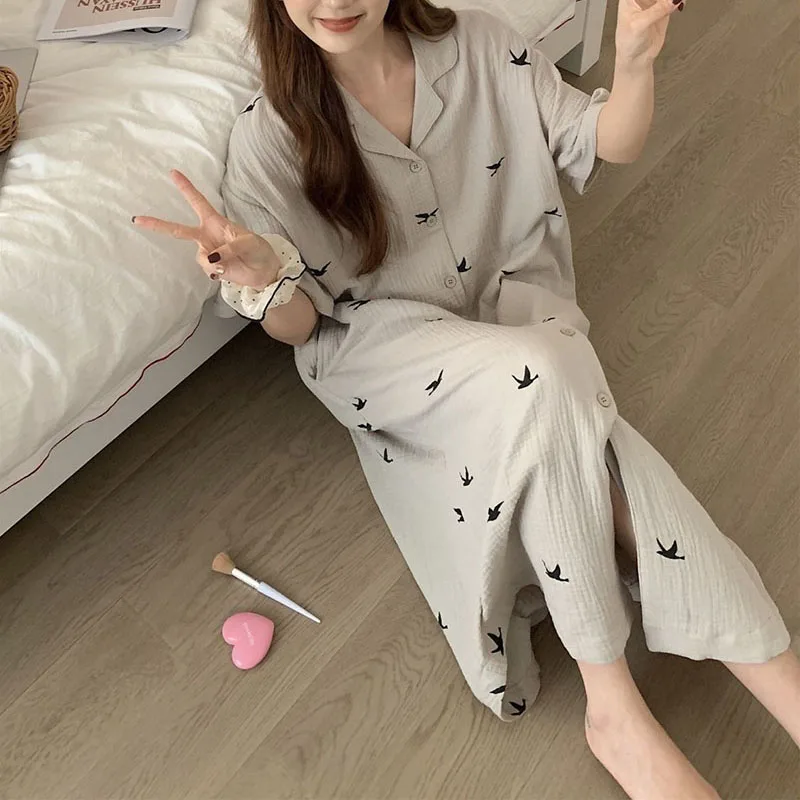 Bird Print Omen Nightgown Summer Korean Sleepwear Ruffles Night Dress Turn Down Collar One Piece Pajamas Short Sleeve Home Wears