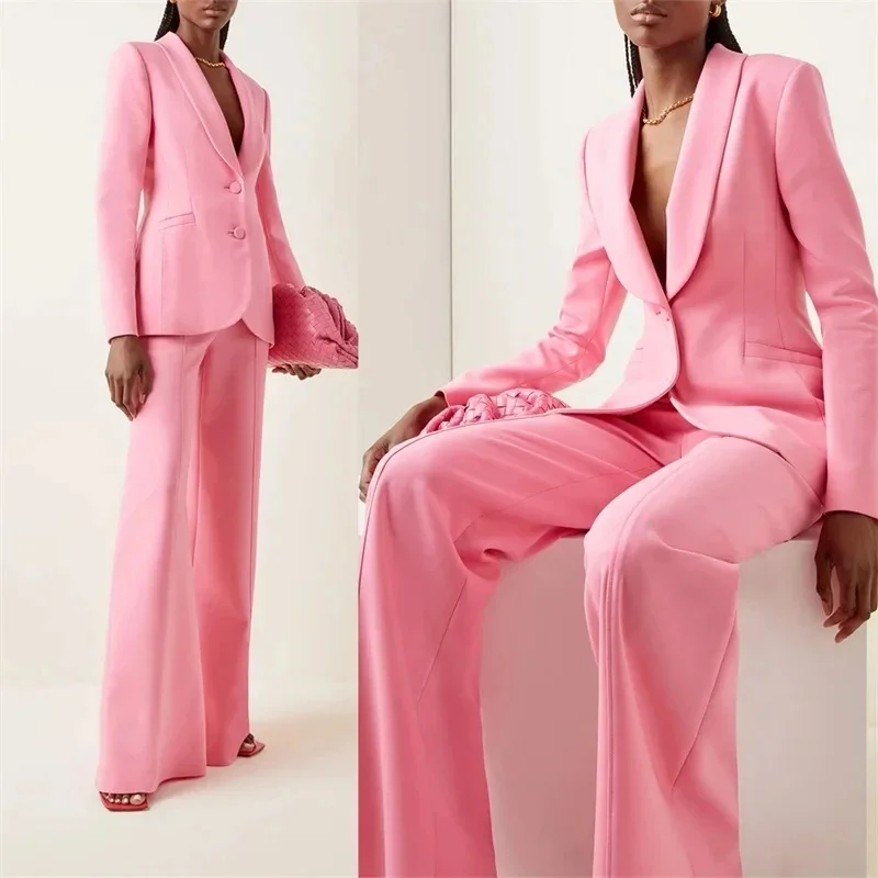 

Pink Loose Women Suits 2 Pieces Formal Single Breasted Blazer Pants Sheer Lapel Plus Size Custom Made Mother Of The Bride