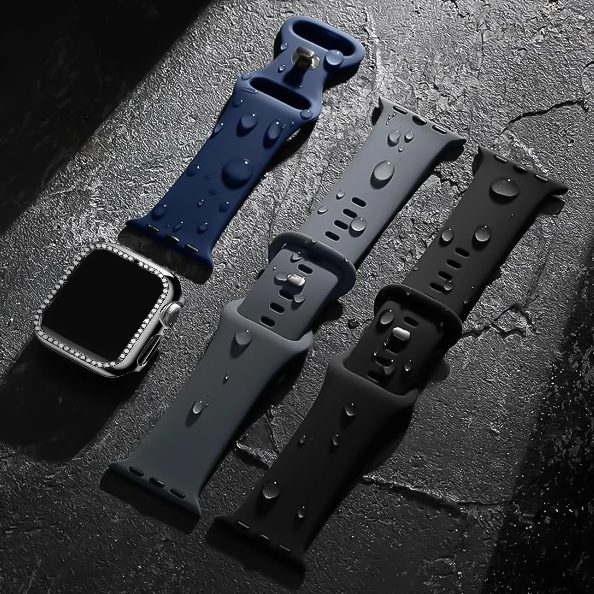 Diamond Case+Silicone Strap for Apple Watch Band 49/45/44/42/41/41/38mm Soft Silicone for iWatch SE Series 9 8 7 6 5 4 3 2 Cover