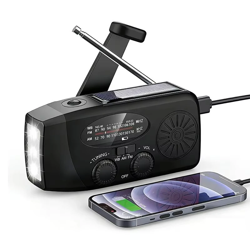 Schwarzes Solarbetriebenes Kurbelradio NOAA-Radio 3 LED-Taschenlampe USB-Aufladbares Notfallradio AM/FM/NOAA