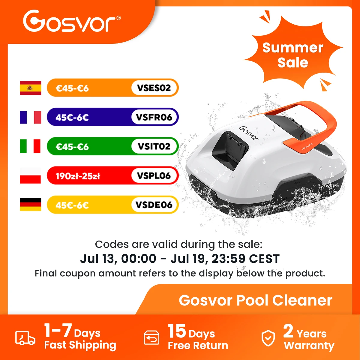 2026 NEW Gosvor Pool Cleaner Robot 90 Mins Runtime Suit for Above Ground Pools up to 80㎡