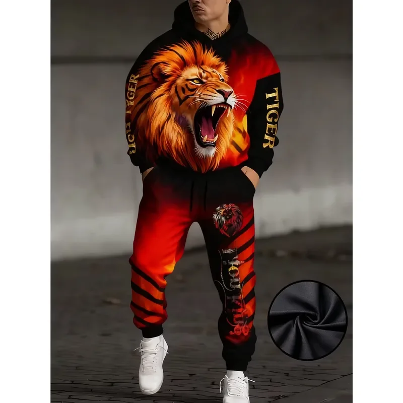 Men Hoodie Set 3D Tiger Print Sweatshirt and Pants Tracksuit Autumn Winter Sportswear Street Casual Jogging Suit Male Clothing