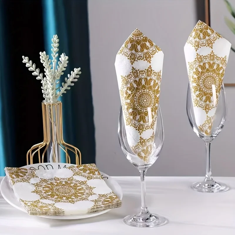 20Pcs Golden Stamping Disposable Napkins, Colorful Square Paper Placemats, Wood Pulp Towels for Party Banquet Dinner