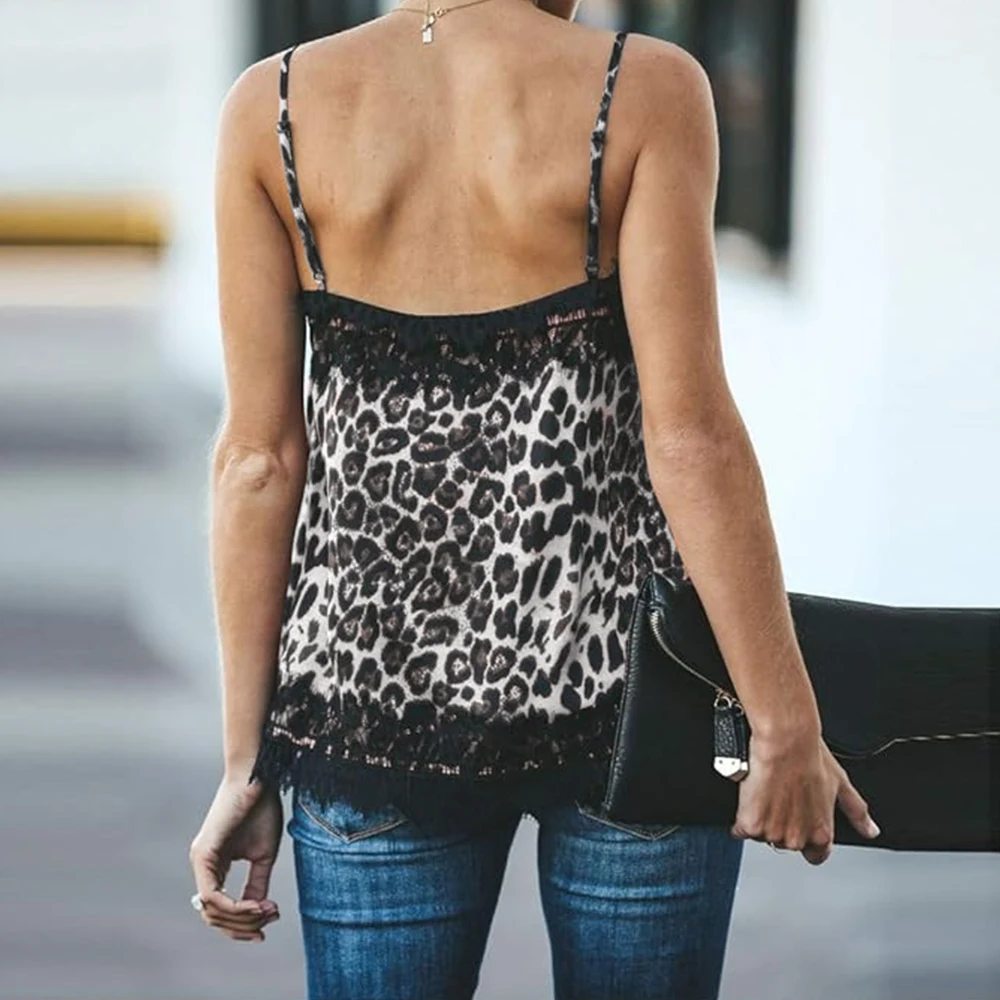 Plus ขนาดผู้หญิง Strappy ลูกไม้ V คอเสือดาว Cami Camisole Tops สุภาพสตรีแขนกุดฤดูร้อน Casual Pullover Tank เสื้อกั๊กขนาด 1XL-5XL