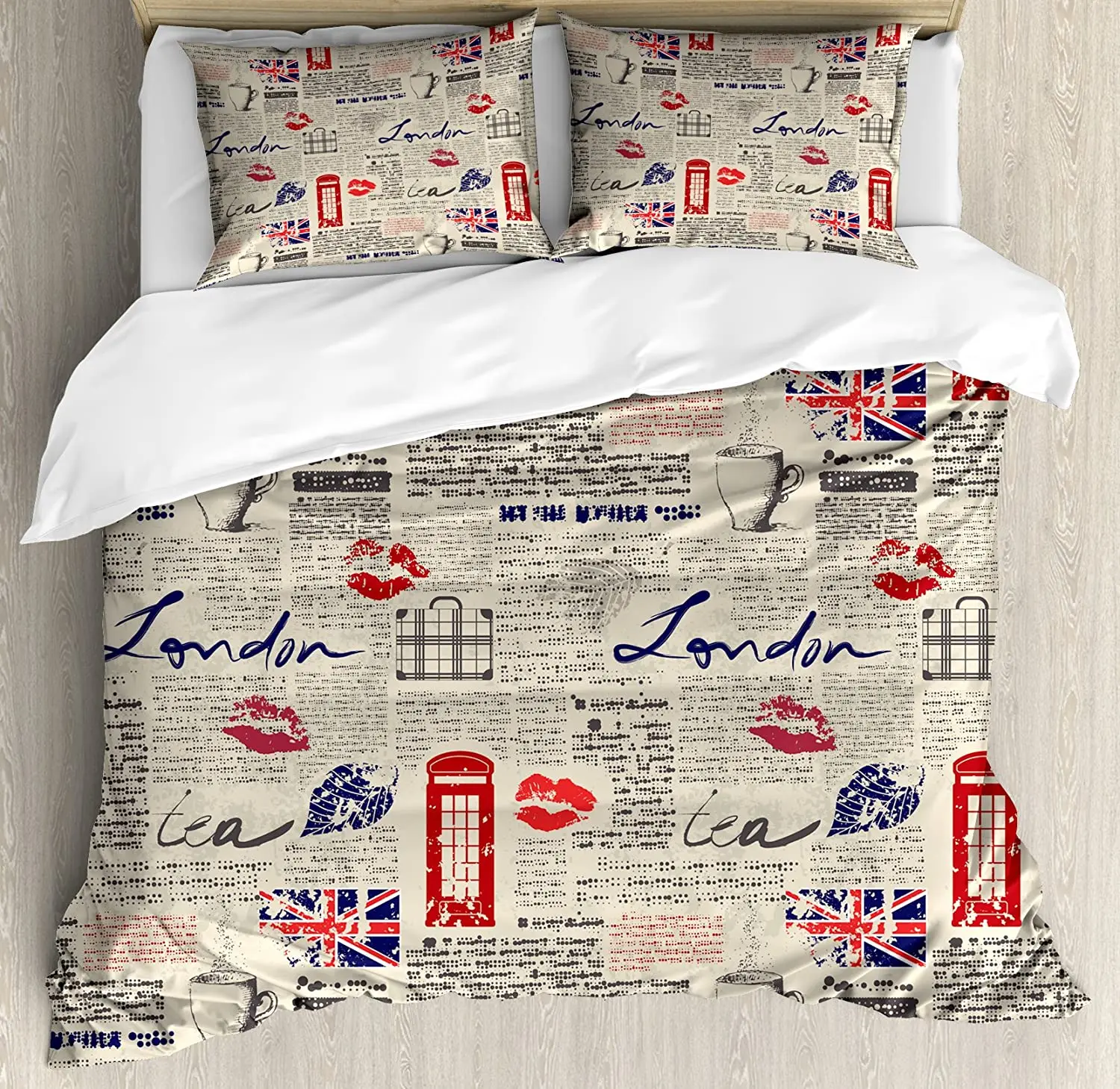 

Tea Party Bedding Set For Bedroom Bed Home London Newspaper Inspired Background with Grung Duvet Cover Quilt Cover Pillowcase