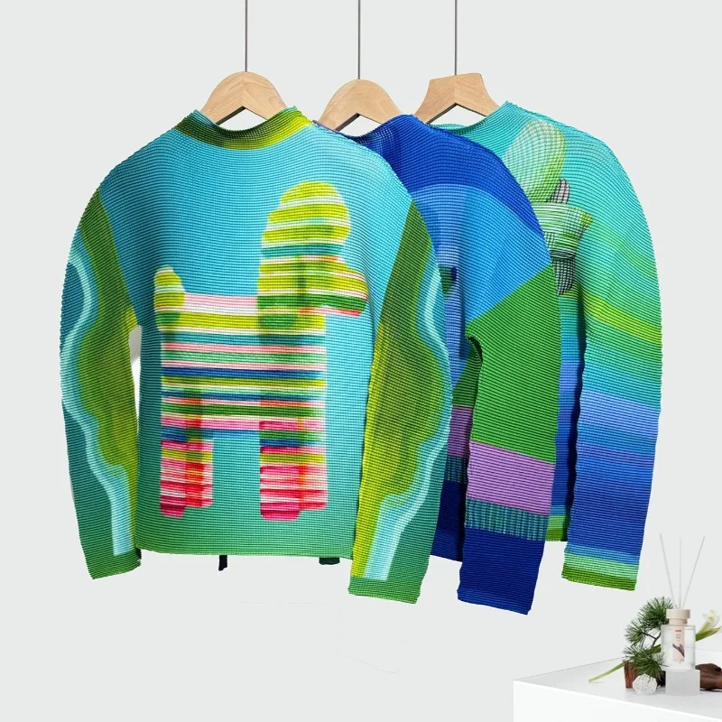 

Miyake Women Bottoming Shirt Fall Winter Tops Printed Slim Versatile Long-sleeved T-shirt Shirt Thin Stretch Clothing Inside Out