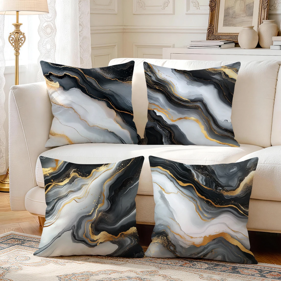 1pcs/4pcs Black And White Gray Marble Cushions Pillowcase Polyester Cushion Cover Throw Pillow Pillowcover Home Car Sofa Decor