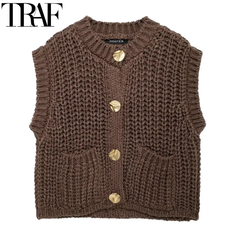 Traf Strick brauner Pullover 2024 Frauen westen Herbst weibliche kurze Westen Strickjacke ärmellose Weste Rundhals ausschnitt Schul strick weste