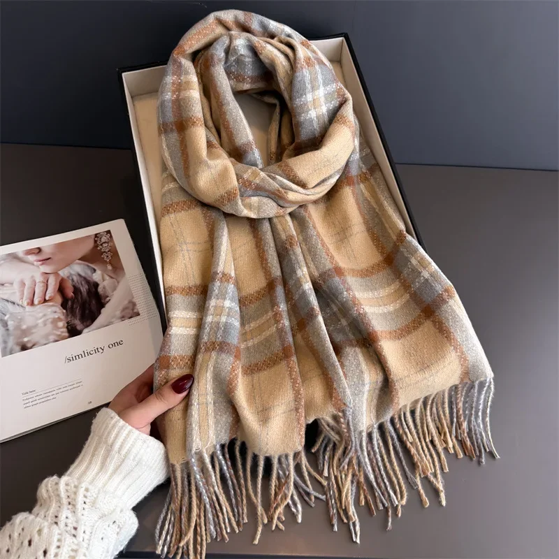 

Korean Style Plaid Women's Winter Scarf Cashmere Warm Shawls Wraps Thicked Pashmina Long Tassel Female Blanket Scarves