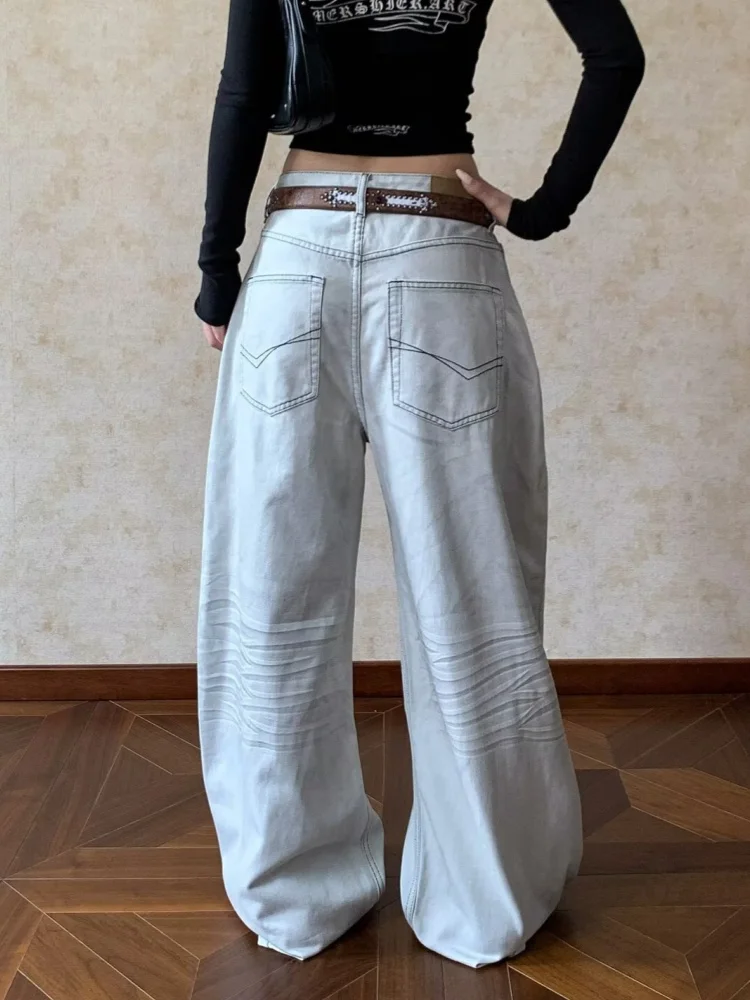 2025 American Retro Y2K Style Dirty Washed White Baggy Women's Jeans Pants For Woman Clothes Wide Leg Cotton Loose Long Trousers
