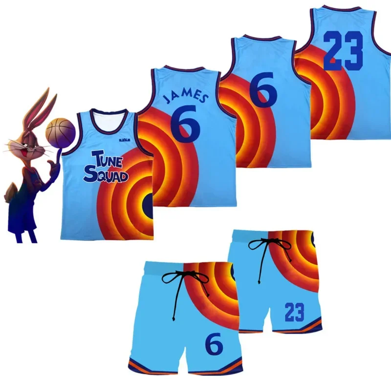 Space Jersey Cosplay James Tune Squad Kids Vest Shirt Shorts Suit Summer Boys Girls 3D Rendering Pattern Sportswear Q