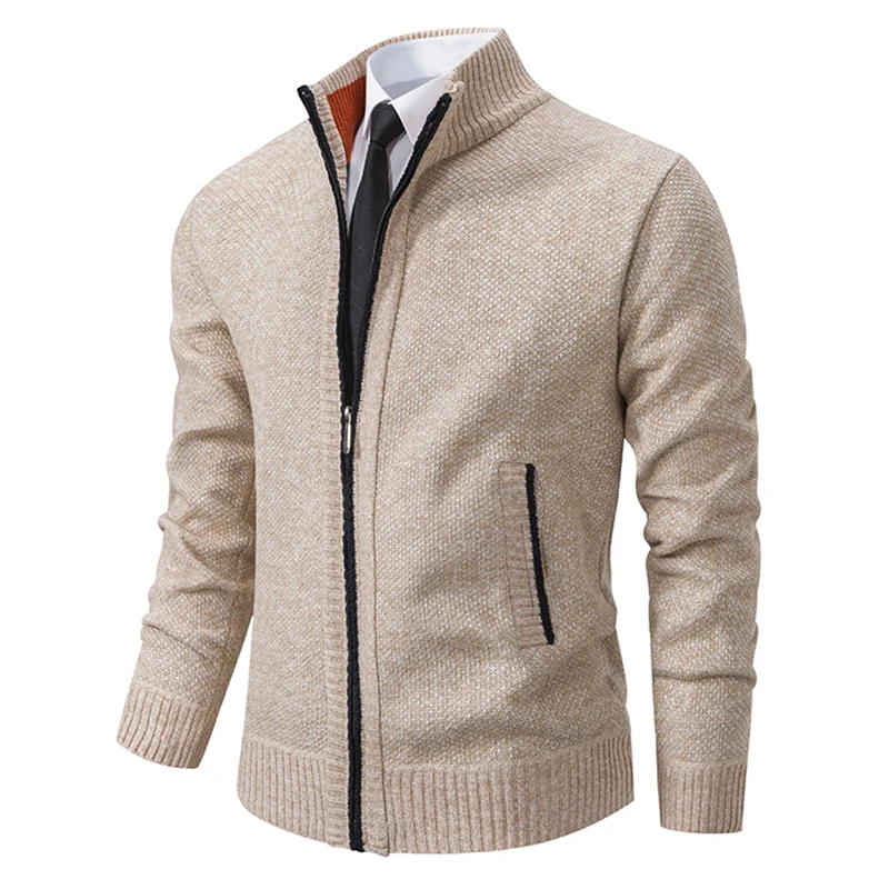 Autumn And Winter New Jersey Men's Casual Sports Coat Solid Color Stand Collar Wweater Grab Fleece Warm Zipper Cardigan