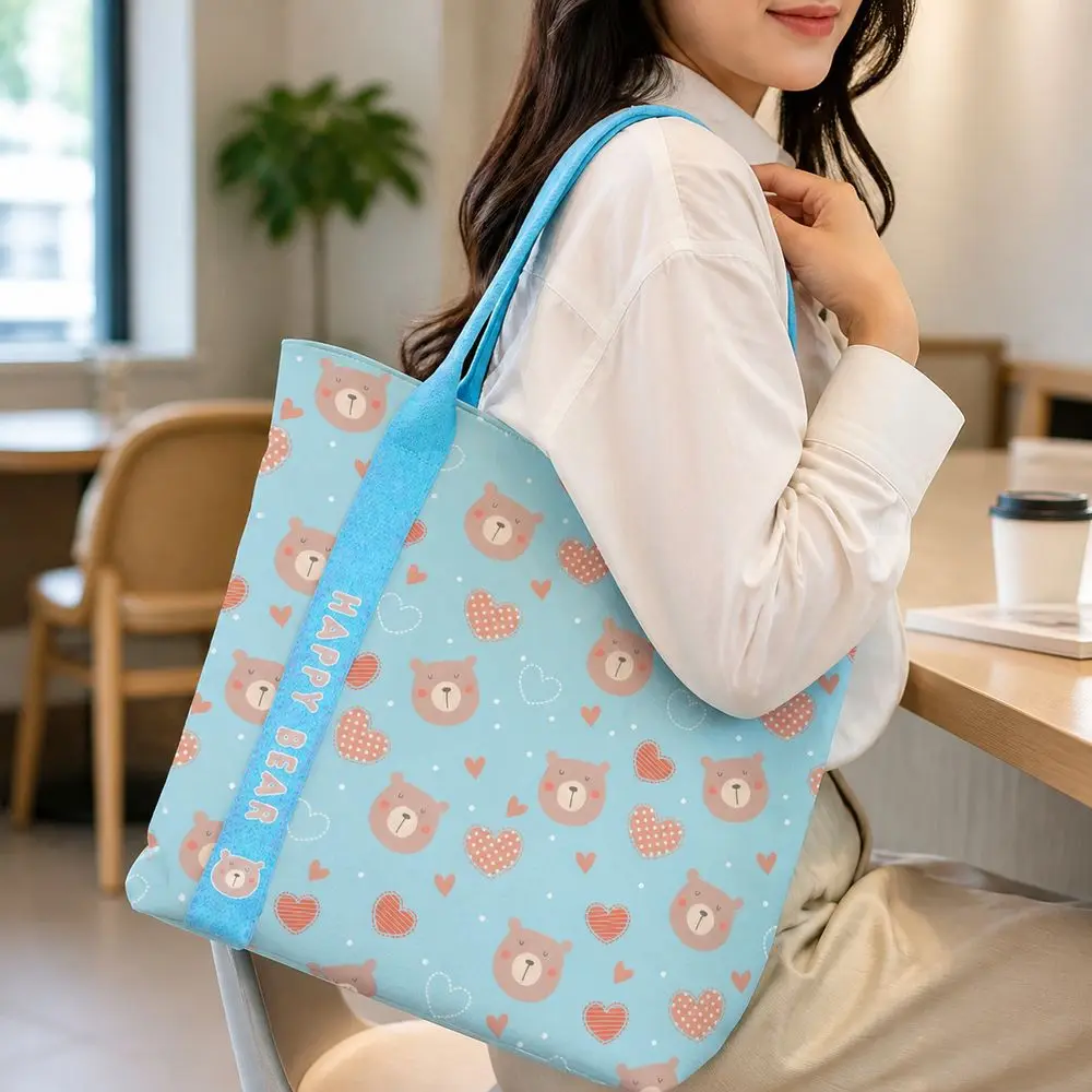 Durable Heart Bear Pattern Canvas Bag Large Capacity Reusable Tote Bag Versatile Lightweight Shopping Bag Daily Commuting