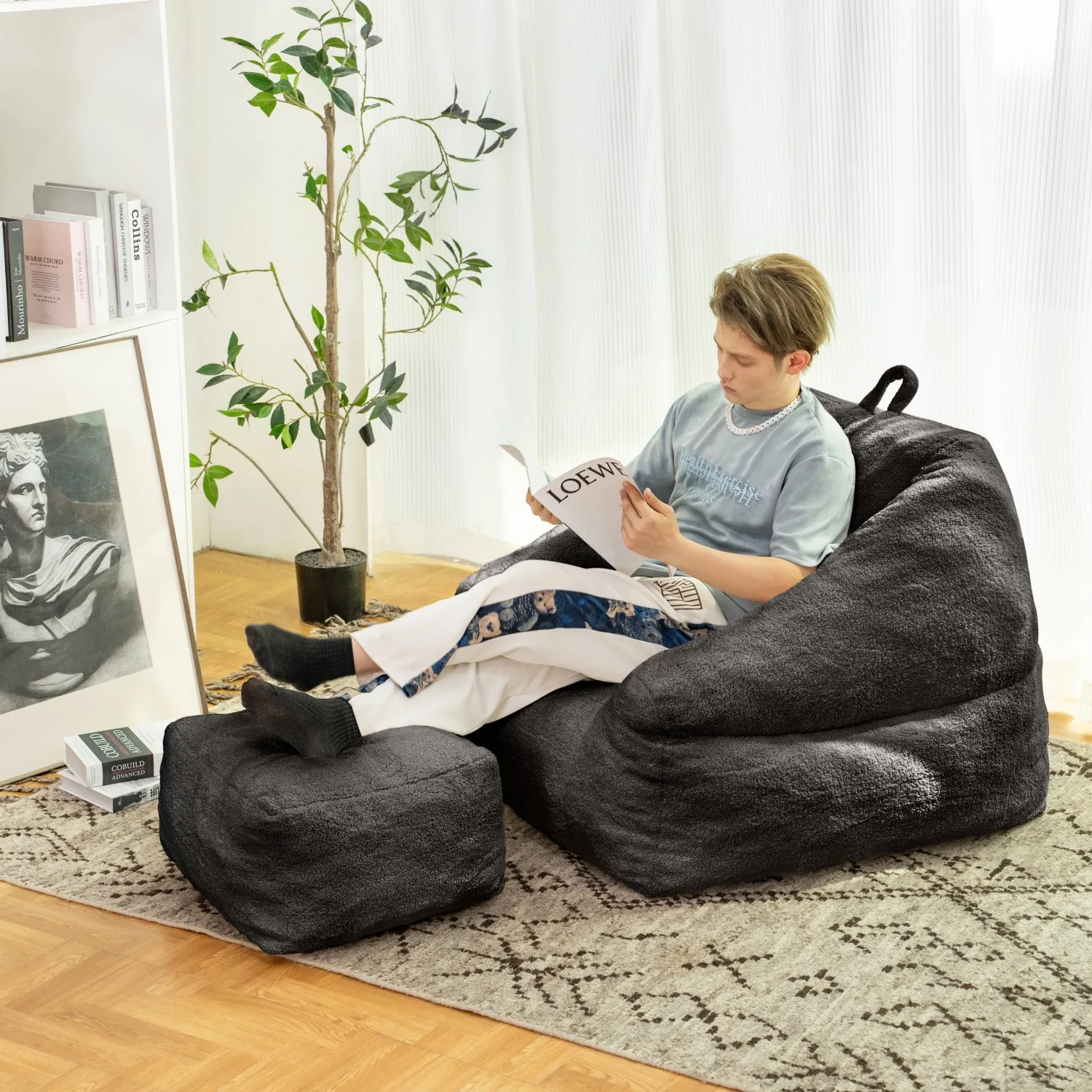 Fluffy Memory Foam Bean Bag Chair with Tufted Sofa Filling in Black