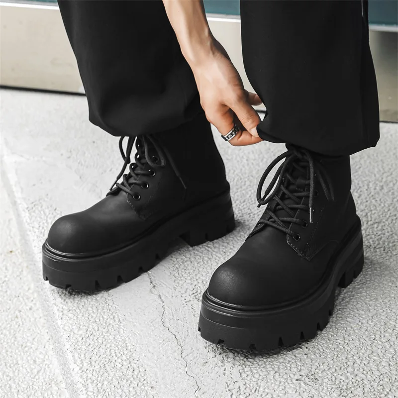 British style men fashion platform boots black tide original leather shoes cowboy ankle boot big toe motorcycle botas masculinas