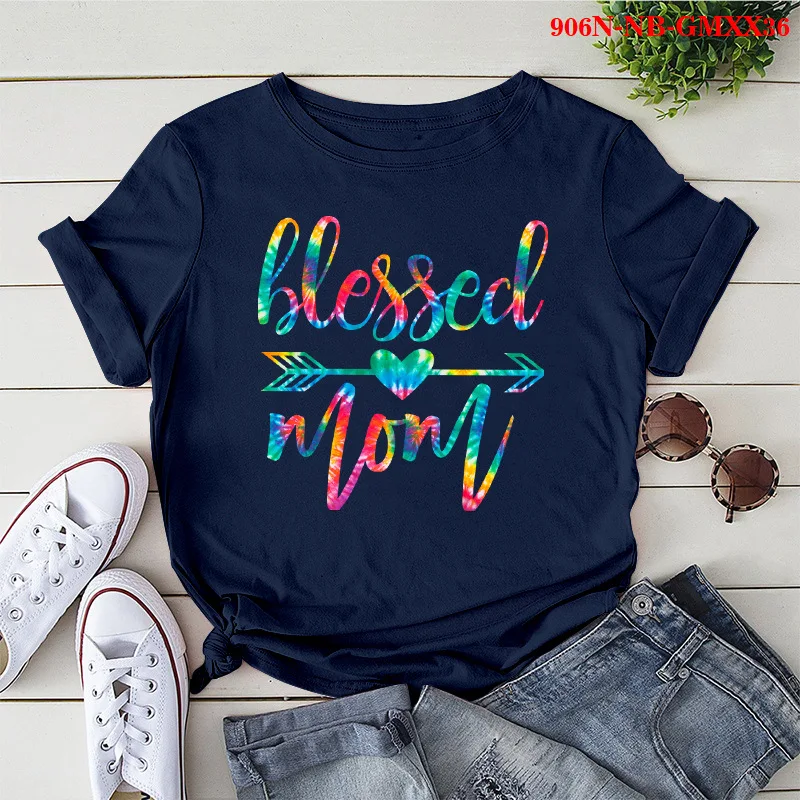 Arrow Through Heart Blessed Mom Print Women T Shirt Short Sleeve O Neck Loose Women Tshirt Ladies Tee Shirt Tops Camisetas Mujer