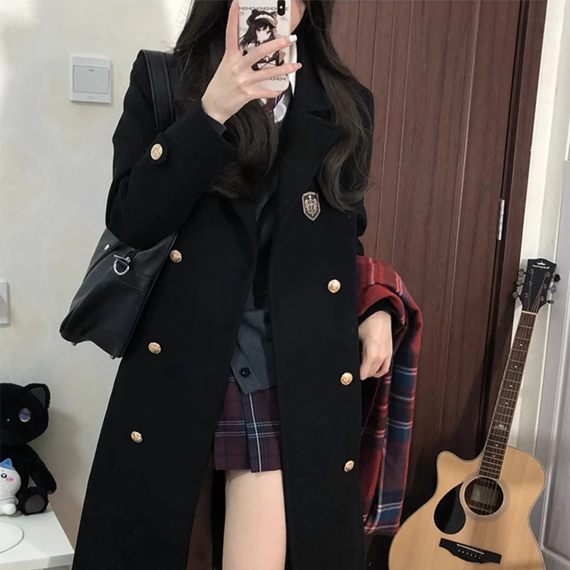 Woman Winter Long Pea Coat Windbreaker JK Woolen Trendy Cosplay Parkas Double Breasted Female Outwear Jacket Coats F04