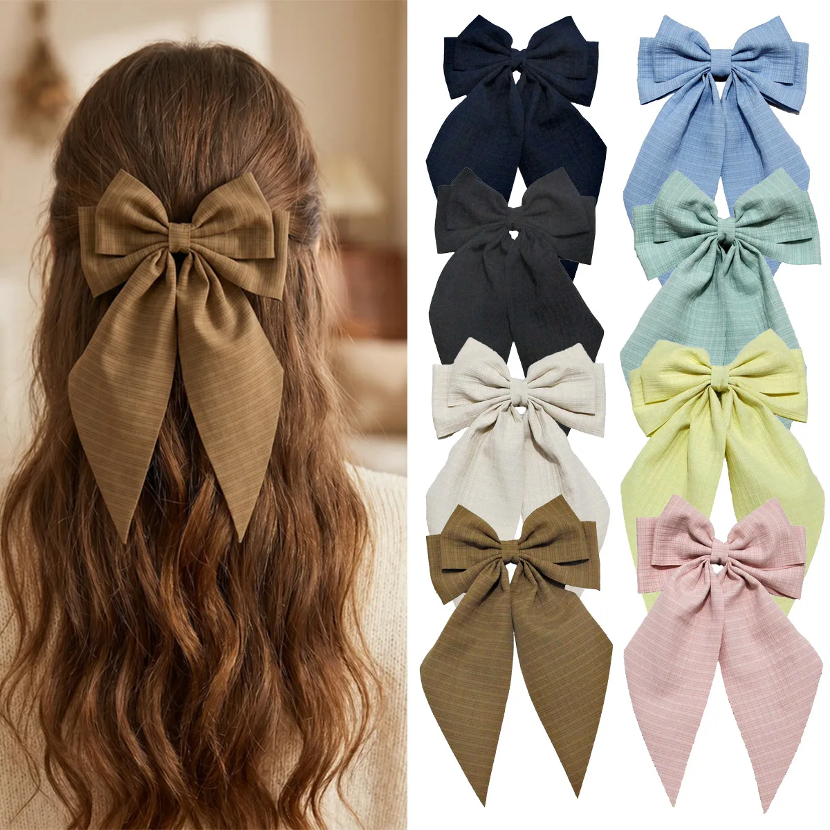 Bowknot Hairpin Ribbon Hair Accessory Female Pure Color Cloth Art Spring Clip Back of The Head Temperament Hairpin Headwear