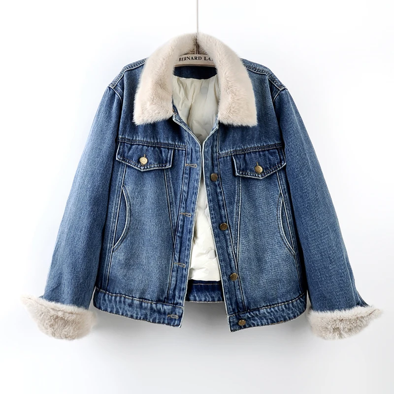 Winter Vintage Washed Blue Denim Jacket Women Faux Fur Collar Warm Down Liner Cowboy Outerwear Lapel Long Sleeve Jeans Jackets