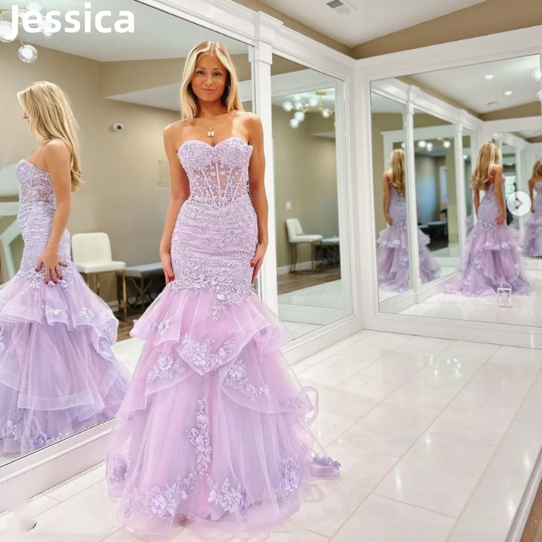 

Jessica Lavender Purple Prom Dresses Lace Embroidered Ruffles Prom Dress Strapless Mermaid Party Dressese 2024Vestidos De Noche