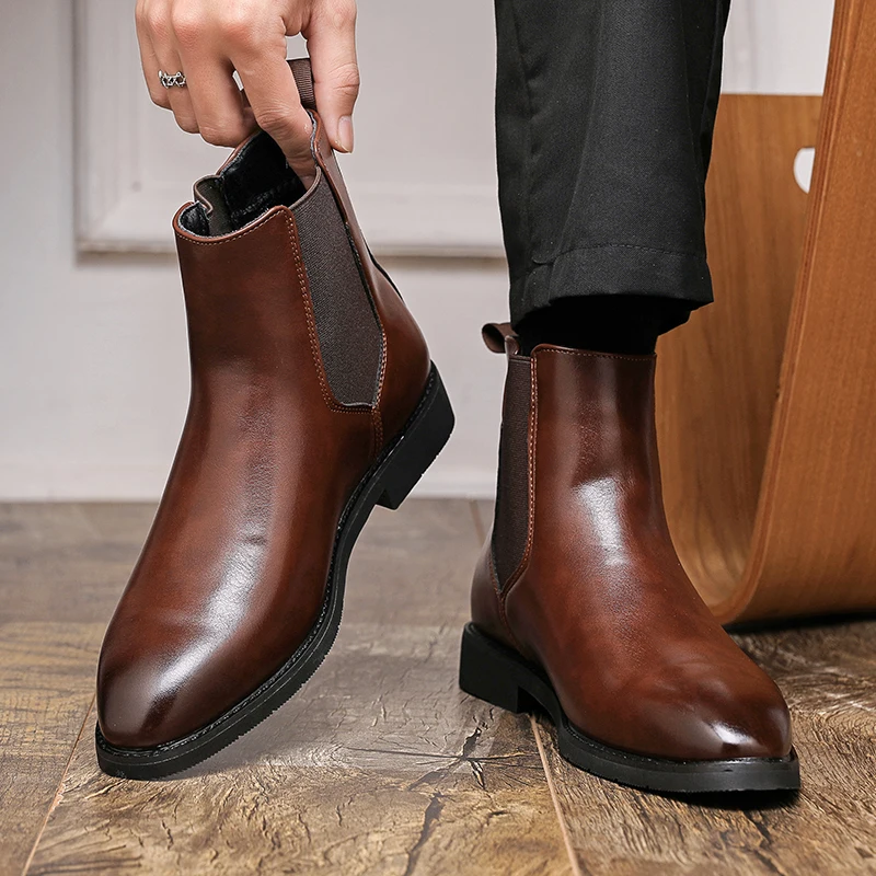 

38~48 Winter Men Wedding Gentleman High Quality Leather Mens Boots Chelsea Fashion Shoes For Men Keep Warm Red Brown Black Boots