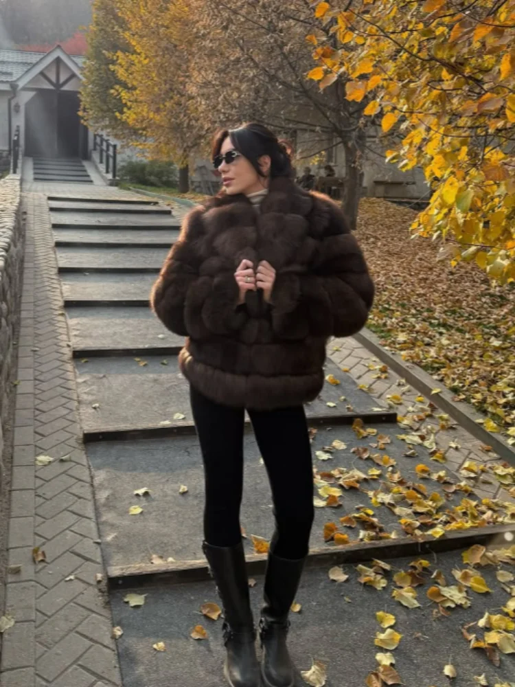 Luksusowy płaszcz ze sztucznego futra damski brązowy gruby długi rękaw kołnierz wykładany luźna kurtka damska 2025 zimowy elegancki ciepły płaszcz wierzchni