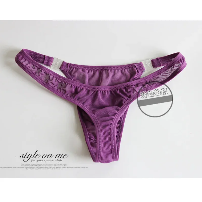 ชุดชั้นในเซ็กซี่ชายฤดูร้อนตาข่ายโปร่งใส Low Rise U กระเป๋านูน T กลับทองสีทึบปุ่มปรับเข็มขัด Pantie