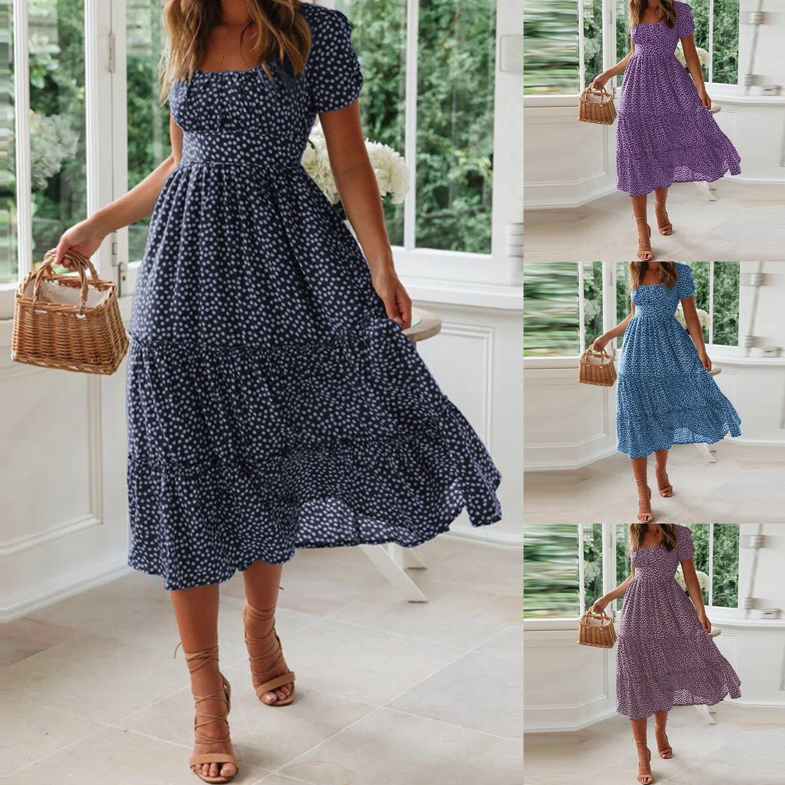 

Summer Women's Casual Dress Square Neck Puff Sleeve Dress Floral Print Midi Dress Loose Fashion Temperament Long Skirts