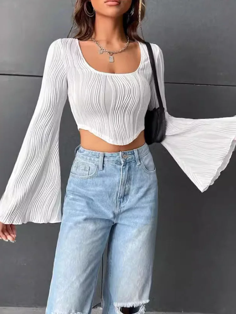 Long Lantern Sleeve Women Textured Crop Tops Fashion Scoop Neck Slim Fit Irregular T-shirt Sexy Tight White Tee Blouse Autumn