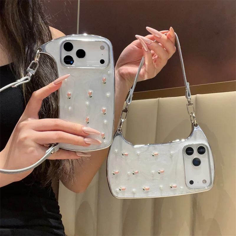 

Fashion Cute Little Tulip Flower Hand Bag Phone Case For iPhone 17 Pro 14 15 16 Pro Max Cover with Chain Protective Cases Covers