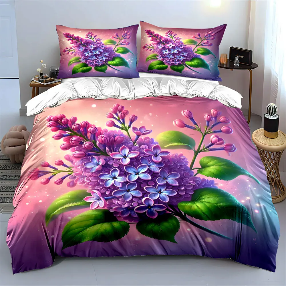 Purple lilac flowers with green leaves Duvet Cover Set with 3D Printing Design Soft Polyester Bedding Set All-Season Comfort