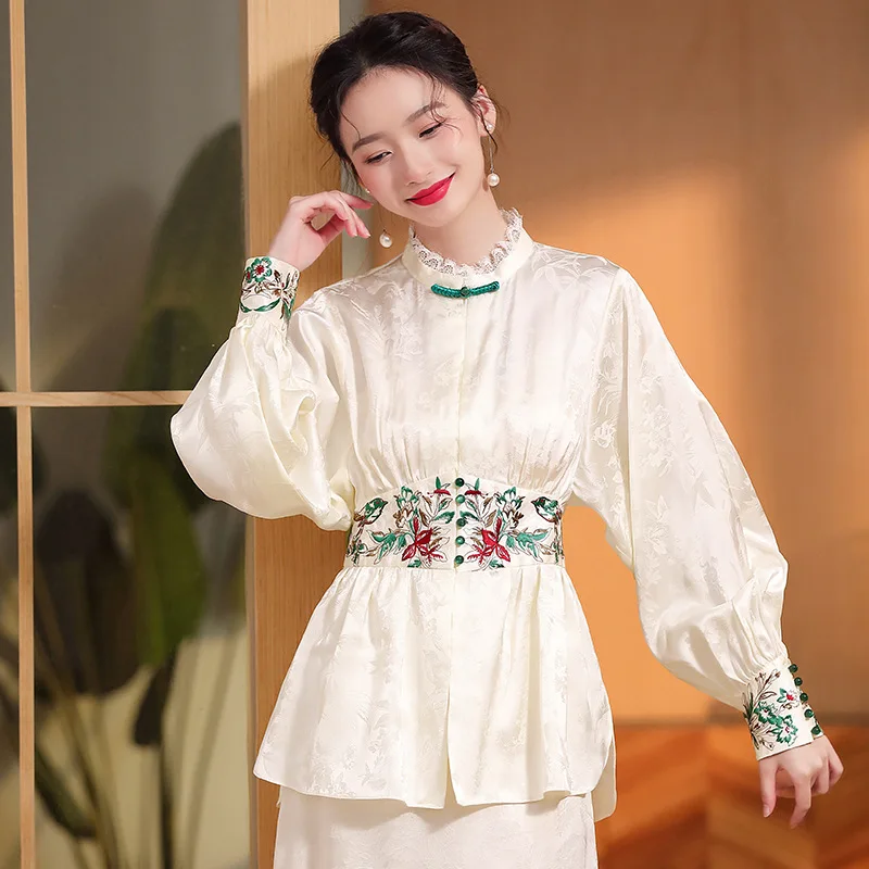 

Fashion Jacquard+Embroidery Elastic Waist Long Sleeve Top Women's Standing Collar Medium Length Spring Summer Shirt S-XXL