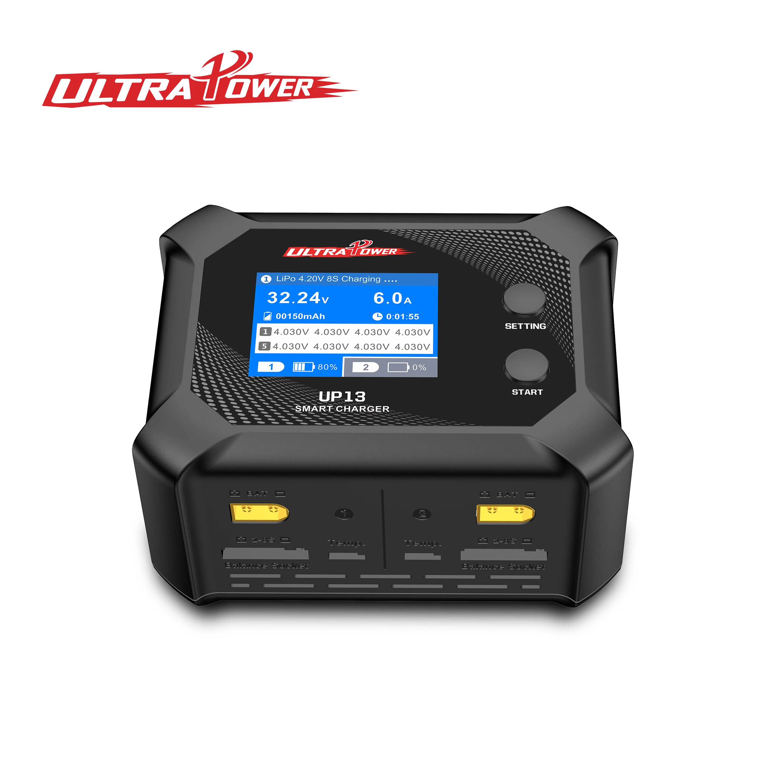 Original Ultra Power UP13 Smart Dual Channel AC Charger 200W 10A Fast Charging 100-240V 2-8S 1.6m Cable Length