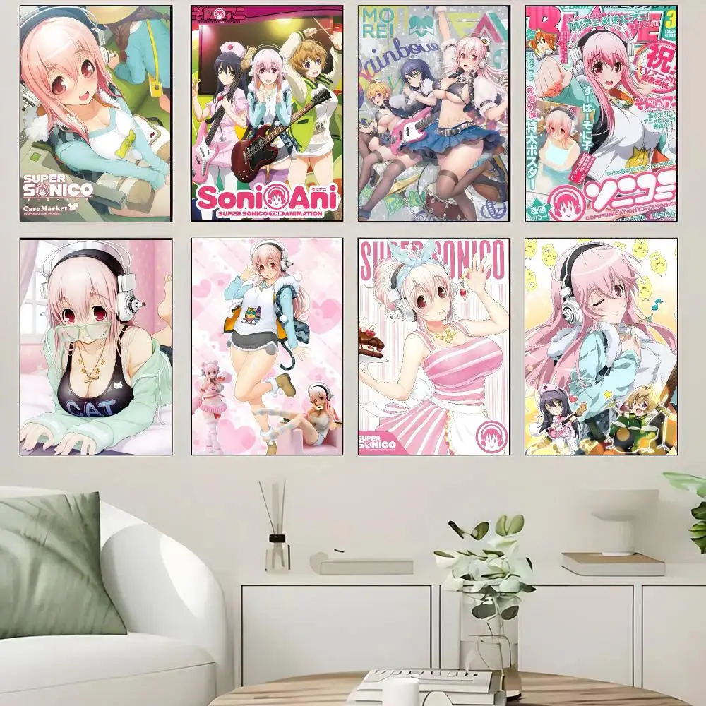 Super Sonico Anime Kawaii Poster Self-adhesive Advanced Aesthetic Printing Paper Wall Art for Living Room Home Decor