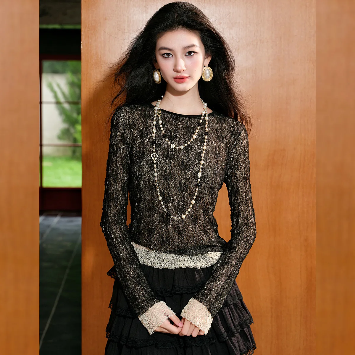 LOUISYAO Lace Up Floral T-Shirt 2025 Autumn Women Elegant Round Neck Slightly Stretchy Long Sleeve Casual Tee